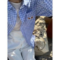 批发原版面料腊肠狗刺绣<b class='q'>格子衬衫</b>女2025春秋宽松百搭小众叠穿上衣外套