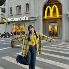 批发多巴胺穿搭纯棉黄黑色格子<b class='q'>衬衫</b>女宽松慵懒风中长款<b class='q'>衬衣</b>防晒衫外穿