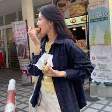 批发日系气质复古深蓝色纯棉格子<b class='q'>衬衫</b>女早秋2025新款冷淡系高级感上衣