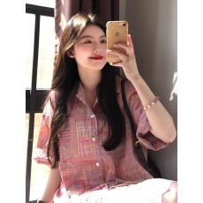 批发彩色格纹短袖衬衫女夏季宽松<b class='q'>休闲</b>设计感古巴领情侣泡泡纱格子衬衣