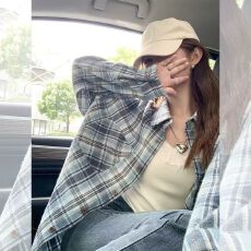 批发蓝色<b class='q'>格子</b>POLO领长袖休闲<b class='q'>衬衫</b>女春季宽松显瘦<b class='q'>衬衣</b>百搭chic开衫上衣