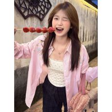 原版面料刺绣条纹衬衫女叠穿遮肉宽松百搭衬衣外搭防晒开衫ins潮