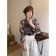 批发秋季设计感撞色复古<b class='q'>格子</b><b class='q'>衬衫</b>百搭宽松300斤大码休闲显瘦减龄上衣