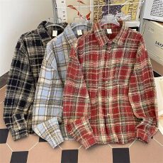 批发美式复古慵懒红色磨毛<b class='q'>格子</b><b class='q'>衬衫</b>外套女秋冬款宽松百搭中长款<b class='q'>衬衣</b>