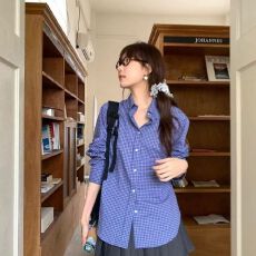 批发法式蓝色条纹衬衫女开春2025宽松上衣设计感小众长袖衬衣外套