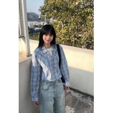 批发慵懒风翻领撞色格纹衬衫女春季新款设计感衬衣宽松休闲<b class='q'>长袖</b>上衣潮