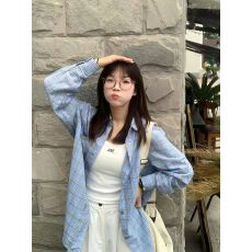批发美式复古蓝色格子<b class='q'>衬衫</b>女早春字母刺绣长袖<b class='q'>衬衣</b>情侣宽松<b class='q'>休闲</b>上衣潮