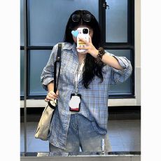 批发美式复古蓝色格子衬衫女早春字母刺绣长袖衬衣情侣宽松休闲上衣潮