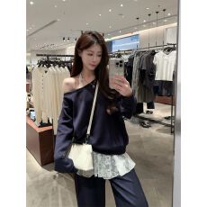 批发100%棉面华棉320g/420g 纯色2025年斜肩露肩一字肩长袖卫衣女