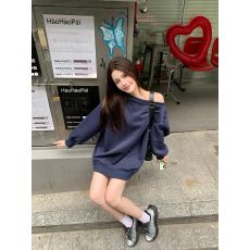 批发100%棉面华棉320g/420g 纯色2025年斜肩露肩一字肩长袖卫衣女