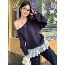 批发100%棉面华棉320g/420g 纯色2025年斜肩露肩一字肩长袖卫衣女