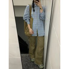 批发美式复古蓝色格子<b class='q'>衬衫</b>女早春字母刺绣长袖<b class='q'>衬衣</b><b class='q'>情侣</b><b class='q'>宽松</b>休闲上衣潮