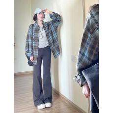 批发日系复古格子<b class='q'>长袖</b>衬衫女春夏宽松慵懒风设计感休闲衬衣外套