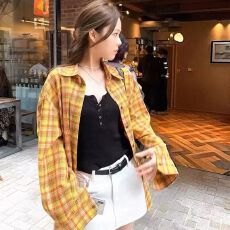 批发港味复古chic黄色格子衬衫女内搭叠穿宽松<b class='q'>休闲</b>百搭中长款衬衣外穿
