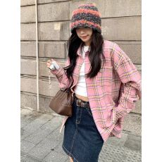 批发森系甜美粉色格纹<b class='q'>衬衫</b>女早秋中厚宽松休闲显瘦中长款<b class='q'>衬衣</b>外穿开衫