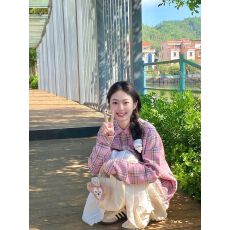 批发森系甜美粉色格纹<b class='q'>衬衫</b>女早秋中厚宽松休闲显瘦中长款<b class='q'>衬衣</b>外穿开衫
