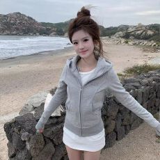 批发纯欲<b class='q'>修身</b>连帽开衫拉链卫衣女秋冬毛圈韩系百搭瑜伽服运动外套