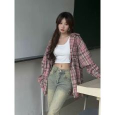 批发2025新款春秋粉色美式复古防晒格子衬衫女秋韩系宽松款遮显瘦开衫