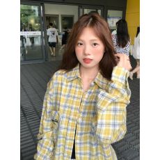 批发美式复古黄色磨毛格子<b class='q'>衬衫</b>女2025春秋宽松休闲长袖外搭开衫潮