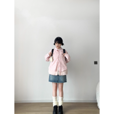 批发真两件粉色拼接格子<b class='q'>衬衫</b>男女秋宽松防晒上衣外套长袖甜美百搭<b class='q'>衬衣</b>