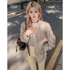 批发原版面料复古格子衬衫女夏季设计感小众宽松休闲<b class='q'>长袖</b>防晒上衣外套