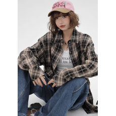 批发复古格子<b class='q'>衬衫</b>女韩版潮流春秋设计感薄款外套宽松慵懒风百搭<b class='q'>衬衣</b>服