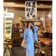 批发美式甜酷风灰蓝撞色格子<b class='q'>衬衫</b>女<b class='q'>长袖</b>百搭可爱休闲小众防晒盐系外套