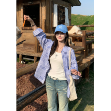批发日系复古拼接蓝色<b class='q'>格子衬衫</b>外套女春夏新款宽松休闲别致防晒上衣潮