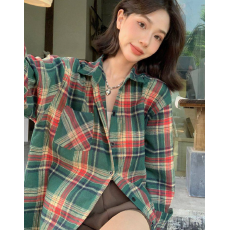 批发原版面料 时尚女复古<b class='q'>格子衬衫</b>春秋新款港味上衣长袖高级感日系