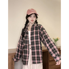 批发早春2025新款长袖开<b class='q'>衫</b>外套女韩版宽松小众设计感黑粉色格子衬<b class='q'>衫</b>潮