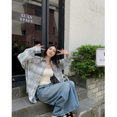 批发韩系慵懒风格子长袖衬衫女秋季设计感小众宽松中<b class='q'>长款</b>休闲外套上衣