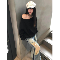 100%棉面华棉320g/420g 纯色2025年斜肩露肩一字肩长袖卫衣女