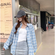 美式甜酷风灰蓝撞色格子衬衫女长袖百搭可爱休闲小众防晒盐系外套