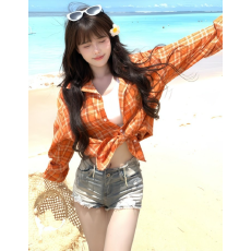 批发美式复古格纹设计感防晒<b class='q'>长袖</b><b class='q'>衬衫</b>夏季新款气质修身显瘦宽松上衣女