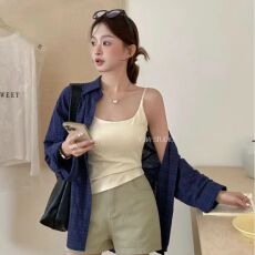 批发日系气质复古深蓝色纯棉格子<b class='q'>衬衫</b>女早秋2026新款冷淡系高级感上衣