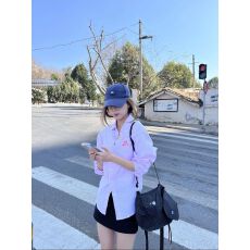 批发美式复古蓝色条纹<b class='q'>衬衫</b>女2026新款小狗刺绣早秋外套宽松学院风上衣