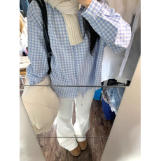 洋气百搭个性法式ootd蓝色格子衬衫女2026春季新款百搭小众上衣