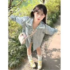 批发少女甜酷蕾丝外套女衬衫2026春季新款薄款长袖上衣蝴蝶结印花格子