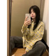 美式复古黄色磨毛格子衬衫女2026春秋宽松休闲长袖外搭开衫潮