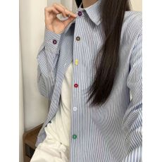 批发韩系彩色纽扣条纹衬衫女<b class='q'>春秋</b>设计感洋气小众开春爆款长袖衬衣外套