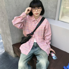 批发美式复古粉色格纹少女感<b class='q'>衬衫</b>外套女春秋休闲韩系chic港味上衣外套