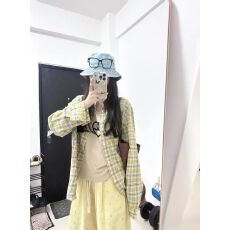 批发美式复古黄色磨毛格子衬衫女2026春秋宽松休闲长袖外搭<b class='q'>开衫</b>潮