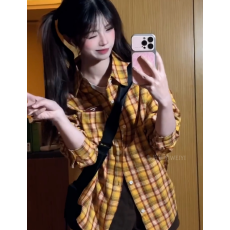 批发港味复古chic黄色格子衬衫女内搭叠穿宽松休闲百搭<b class='q'>中长款</b>衬衣外穿