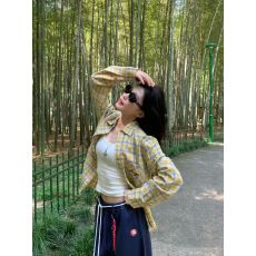 批发美式复古黄色磨毛格子<b class='q'>衬衫</b>女2026春秋宽松休闲长袖外搭开衫潮