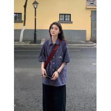 批发外穿<b class='q'>短袖</b>衬衫女宽松百搭显瘦<b class='q'>情侣</b><b class='q'>衬衣</b>蓝色格纹男友风格子上衣