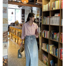 批发单件Polo领粉色格子长袖衬衫女早秋季少女感宽松慵懒绣花开衫衬衣