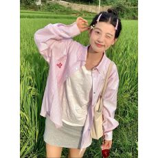 批发美式复古粉色条纹衬衫女2026新款小狗刺绣早秋外套宽松学院风上衣