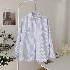 批发新款条纹衬衫上衣女春秋韩系宽松<b class='q'>设计</b>感小众初秋长袖衬衣休闲外套