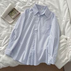 批发新款条纹衬衫上衣女春秋韩系宽松<b class='q'>设计</b>感小众初秋长袖衬衣休闲外套