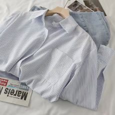 批发新款条纹衬衫上衣女春秋韩系宽松<b class='q'>设计</b>感小众初秋长袖衬衣休闲外套